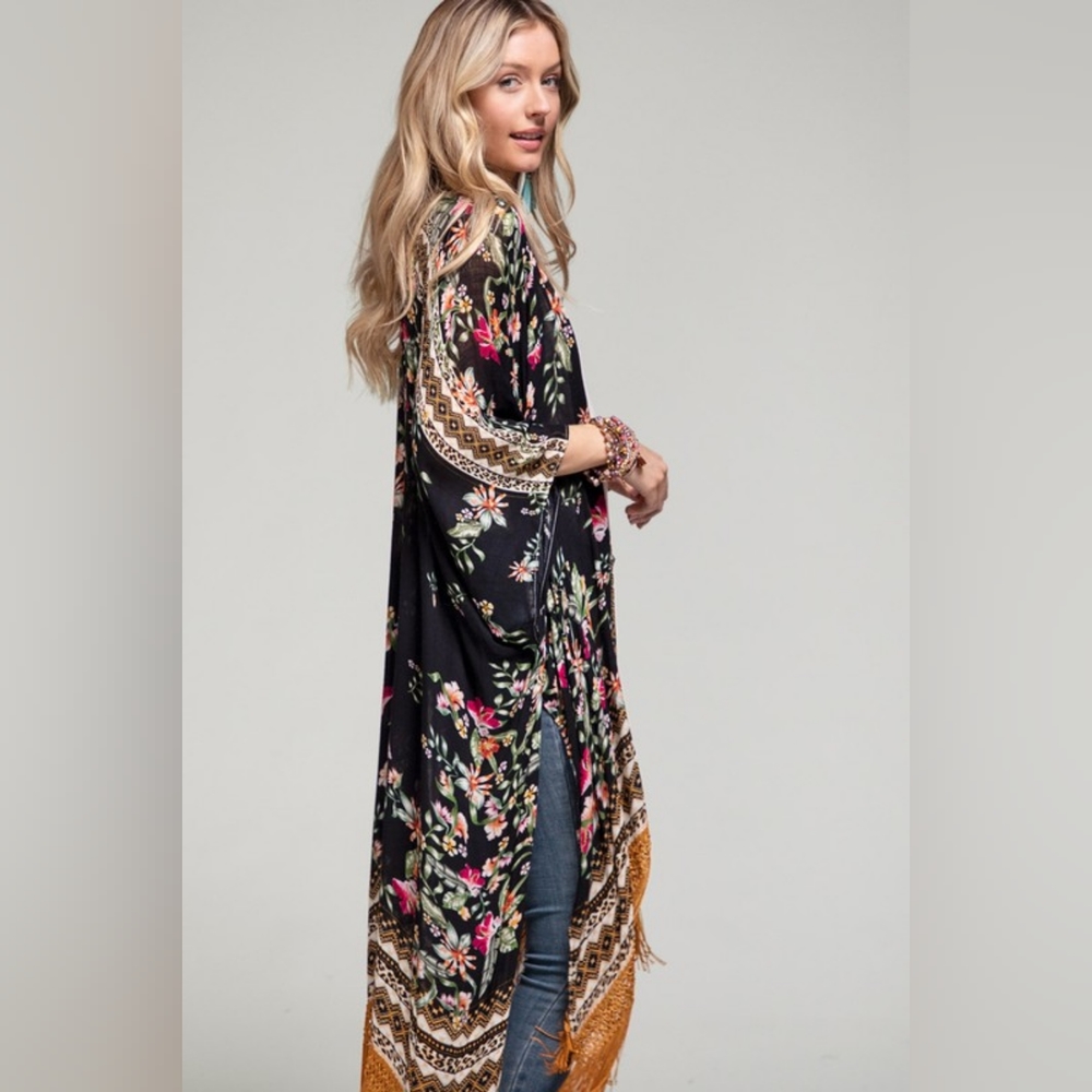Bohemian Floral Print Kimono / Duster - Fine Golden Fringe Tassels - Side Slits - Picture 3 of 14